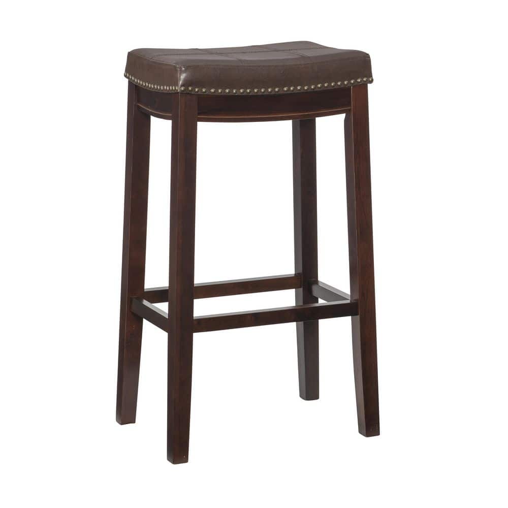 Concord 32 in. Brown Backless Wood Bar Stool with Faux Leather Seat