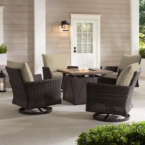 Lakeline 5-Piece Brown Metal Outdoor Patio Fire Pit Swivel Seating Set with CushionGuard Putty Tan Cushions