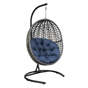 Wicker Outdoor Hanging Egg Chaise Lounge with Durable Stand and Waterproof Navy Blue Cushion for Patio