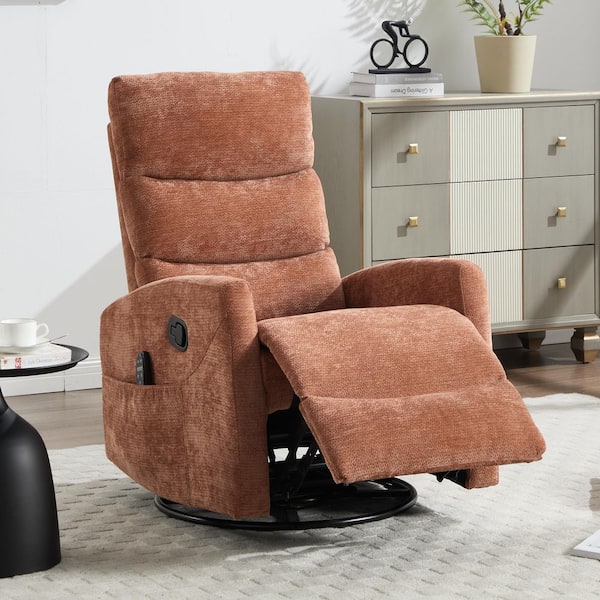 Orange Chenille Manual Swivel Recliner Rocker Chair with Massage and Heat, Side Pocket