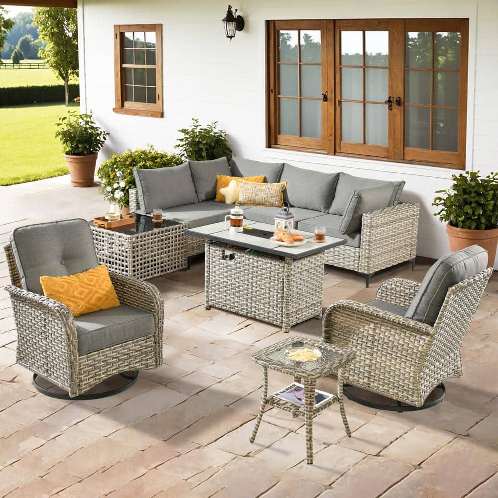 Savona 9-Piece Wicker Outdoor Patio Conversation Sectional Chair Set with Rectangular Fire Pit and Dark Gray Cushions price history on PriceWatchPro