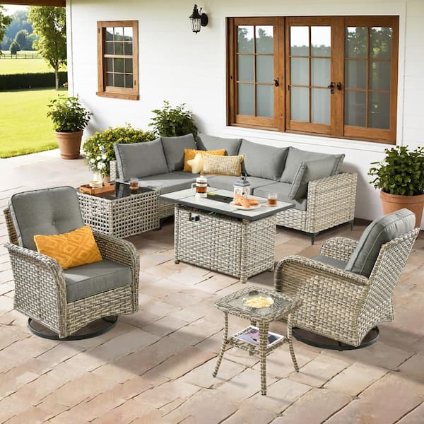 Toject Savona 9-Piece Wicker Outdoor Patio Conversation Sectional Chair Set with Rectangular Fire Pit and Dark Gray Cushions