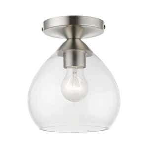 Catania 7 in. 1-Light Brushed Nickel Semi-Flush Mount with Clear Glass