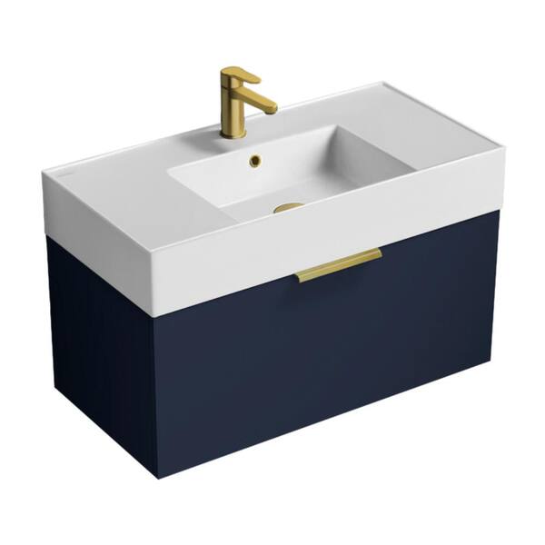 Nameeks Derin 31.9 in. W x 17.4 in. D x 20.47 in. H Modern Bathroom Vanity in Night Blue With White Ceramic Top