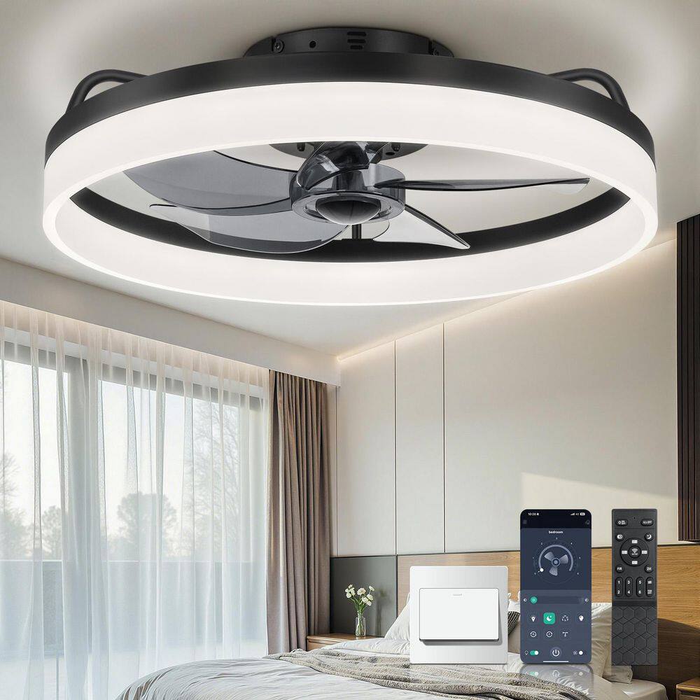 20 in. LED Indoor Black Low Profile Flush Mount Ceiling Fan with Light Remo