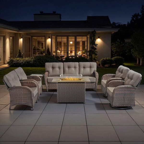 TWrap Brown 7-Piece Wicker Outdoor Patio Fire Pit Deep Seating Set with Gray Cushions