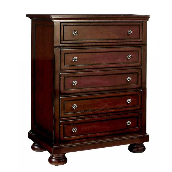 William's Home Furnishing Castor 5-Drawers Transitional Style Brown Cherry Chest of Drawer