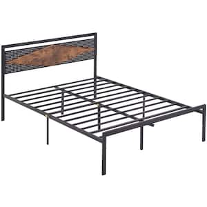 Bed Frame, Black Metal Frame Queen Platform Bed with Metal&Wood Headboard, Metal Slats Foldable Industrial Wooden Style