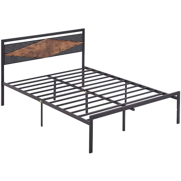 VECELO Bed Frame, Black Metal Frame Queen Platform Bed with Metal&Wood Headboard, Metal Slats Foldable Industrial Wooden Style