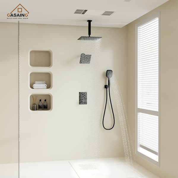 5-Spray Dual Shower Heads Ceiling Mount Fixed and Handheld Shower Head 2.5 GPM in Matte Black 12 in. Thermostatic