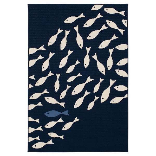 LOOMAKNOTI Swimming Fish Blue/Ivory 6 ft. 7 in. x 9 ft. 6 in. Nautical Polypropylene Indoor/Outdoor Area Rug