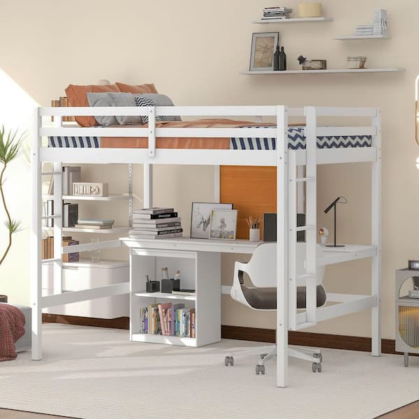 White Full Size Wood Loft Bed with Desk and Writing Board, 2 Drawers Cabinet