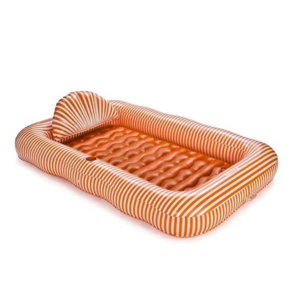 Tanning Pool Lounger Float Orange Cabana Stripe,72'' x 48'' Pool Float with Custom Pillow and Large Cup Holder