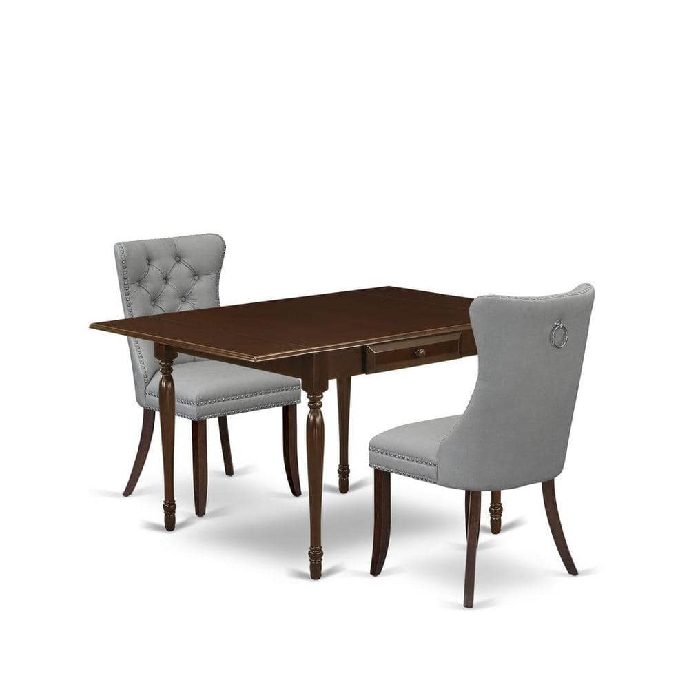 3-Piece Mahogany Finish Rectangular Solid Wood Top with Dropleaf Dining Table Set