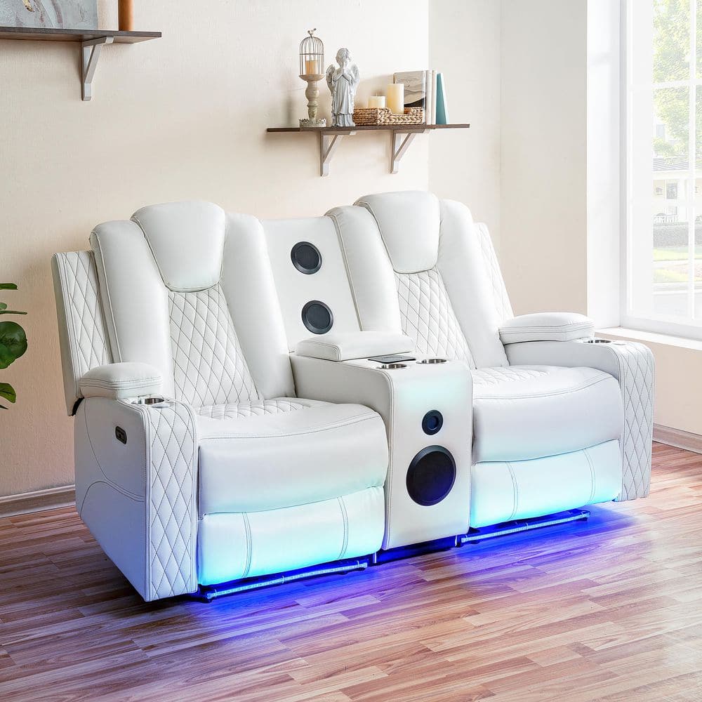MAYKOOSH White Air Faux Leather Home Theater Seating with Power Reclines, 6 Cupholders, Tray, Built-In Speaker, And Usb Ports