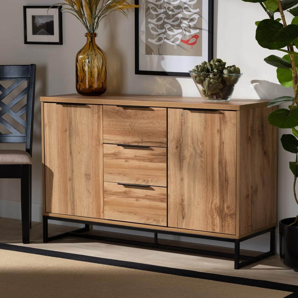 Reid Oak and Black Metal 3-Drawer Sideboard Buffet