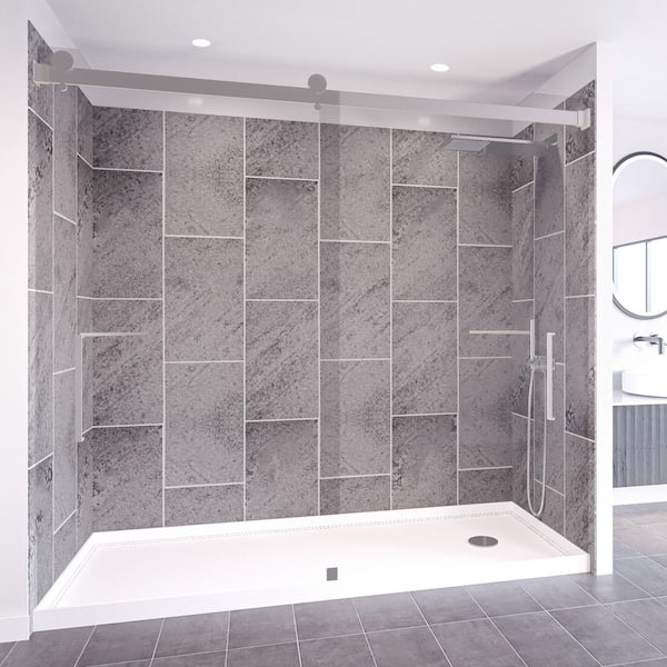 NuVo Slate Grey-Tetherow 60 in. x 32 in. x 83 in. Base/Wall/Door Rectangular Alcove Shower Stall/Kit Chrome Right