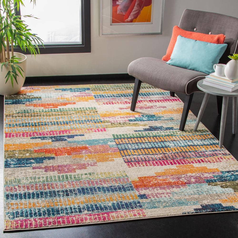 Ivory Rectangular Hand-knotted Synthetic Rug, 5'3"x7'6"