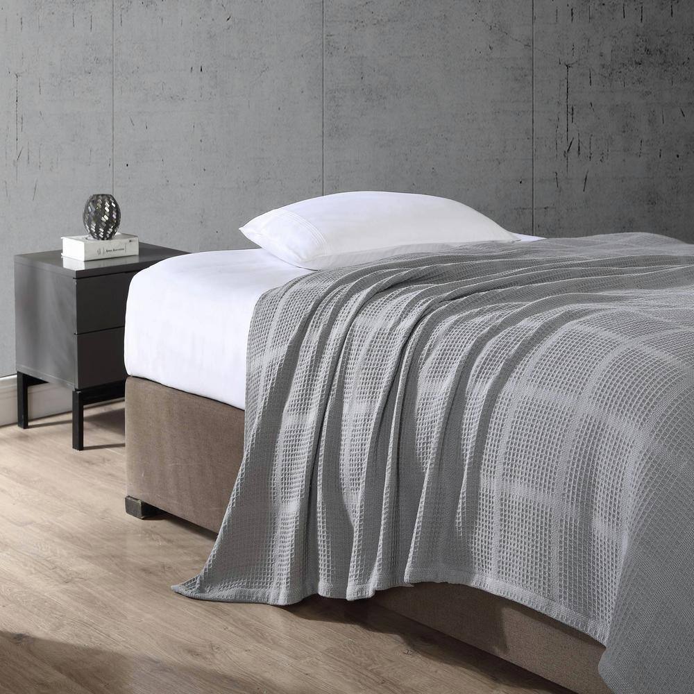 Medium Grey Twin Cotton Waffle Weave Blanket