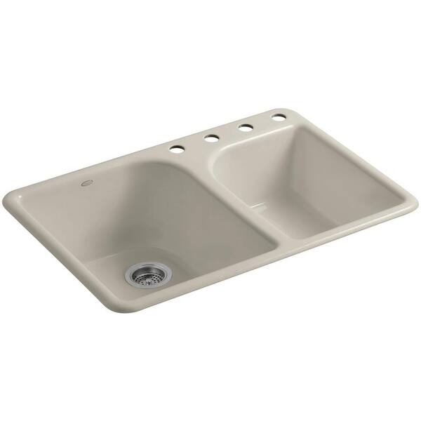 KOHLER Executive Chef Drop-In Cast-Iron 33 in. 4-Hole Double Bowl Kitchen Sink in Sandbar