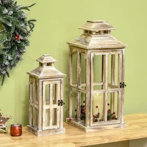 28 in./20 in. Large Rustic Wooden Lantern Decorative, Indoor/Outdoor Lantern for Home Decor 2-Pack