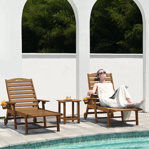 Lounge Chair Ourdoor with 6-Position Adjustable Back, HDPE Patio Chaise with Wheels and Cup Holder, Teak