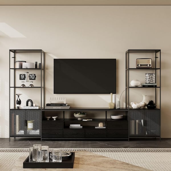 Black Oak and Steel TV Stand Entertainment Center Fits TV's Up to 65 in. with 6 Drawers, Mesh Doors, Anti-Tip Hardware