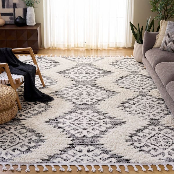 Moroccan Tassel Shag 11 ft. x 15 ft. Ivory/Gray Tribal Area Rug