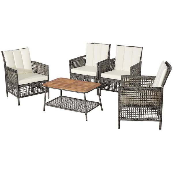 Costway 5-Piece Patio Rattan Furniture Set Cushioned Sofa Armrest Wooden Tabletop in Off White