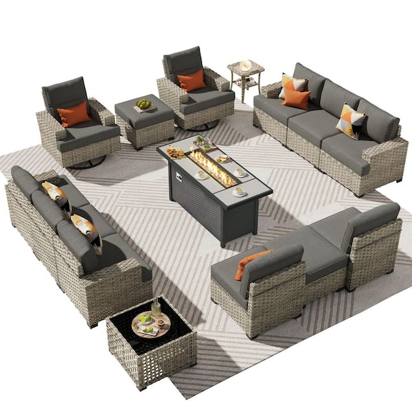 Eden Vine 15 Pieces Wicker Rectangular Fire Pit Sets and Swivel Rocking Chairs with Black Cushion