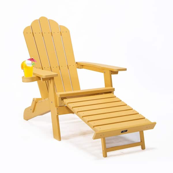 Afoxsos Oversized Poly Lumber Plastic Folding Adirondack Chair with Pullout Ottoman and Cup Holder for Patio Deck Garden, Yellow