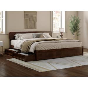 Capri Walnut Brown Solid Wood Frame King Platform Bed with Panel Footboard and Storage Drawers