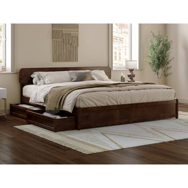 AFI Capri Walnut Brown Solid Wood Frame King Platform Bed with Panel Footboard and Storage Drawers