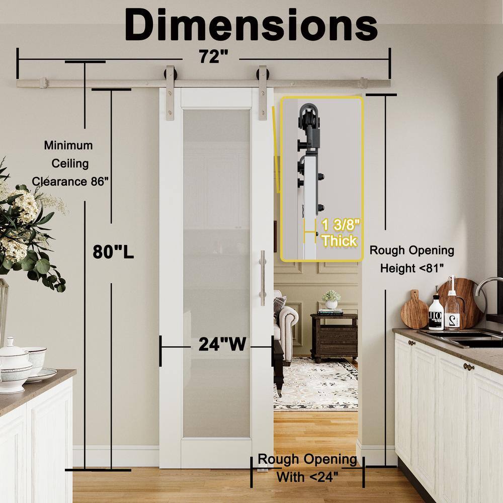 24" x 80" White Frosted Glass MDF Sliding Barn Door with Nickel Hardware