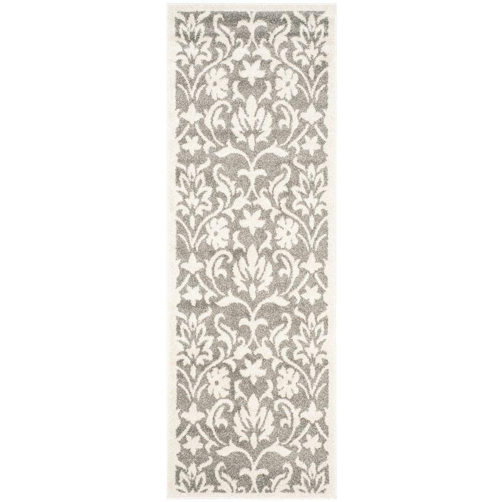 Reversible Dark Grey Floral Synthetic 27" x 9" Easy-Care Runner Rug