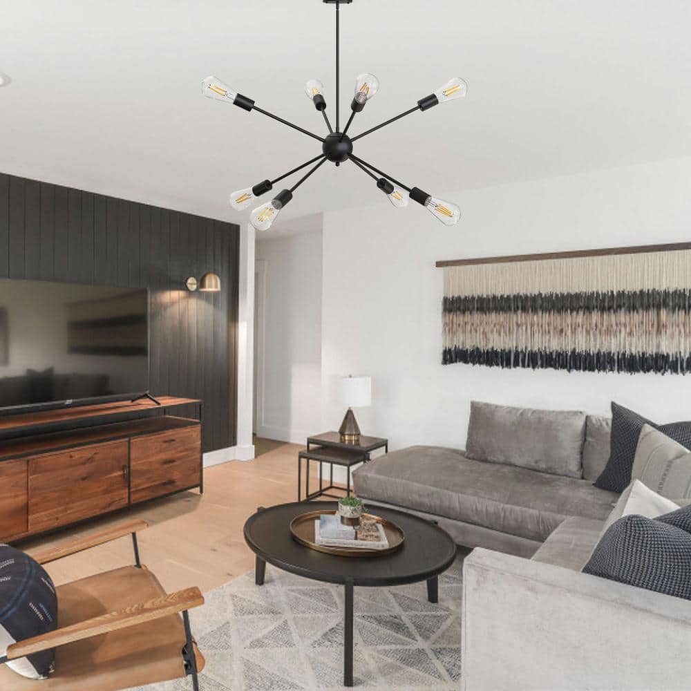 Matte Black 8-Light Sputnik Chandelier with Adjustable Rod
