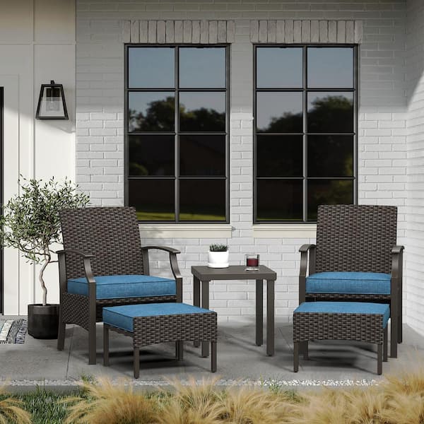 Peacock Blue 5-Piece Metal Outdoor Bistro Set with Olefin Cushions Ottomans and Coffee Table