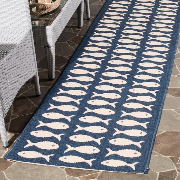 Courtyard Navy/Beige 2 ft. x 14 ft. Geometric Indoor/Outdoor Patio  Runner Rug