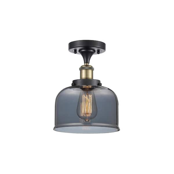 Bell 8 in. 1-Light Black Antique Brass Industrial Semi-Flush Mount with Smoked Glass Shade