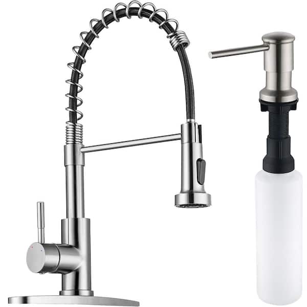 Spring 18.5 in. Single Handle Pull Down Sprayer Kitchen Faucet with 360 Swivel and Soap Dispenser Set in Brushed Nickel
