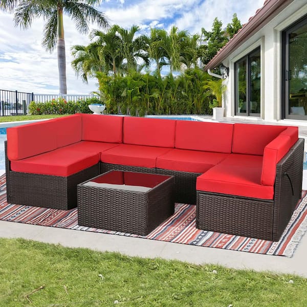 Zeus & Ruta 7-Piece Brown Wicker Outdoor Conversation Set with Red Cushions, 1-Square Glass Table