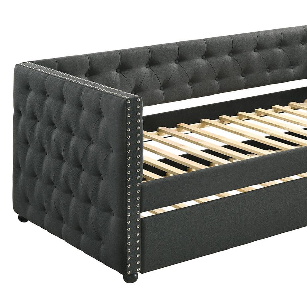 Romona Gray Twin Upholstered Daybed with Trundle and Nailhead Trim
