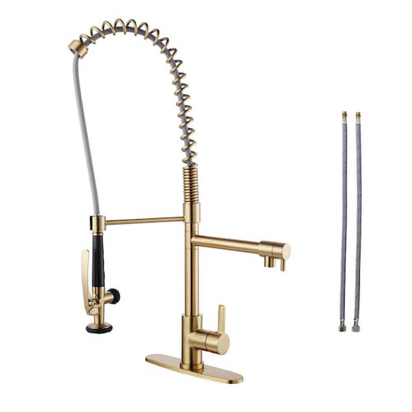 Single Handle Pull Out Sprayer Kitchen Faucet Deckplate Included in Brushed Gold