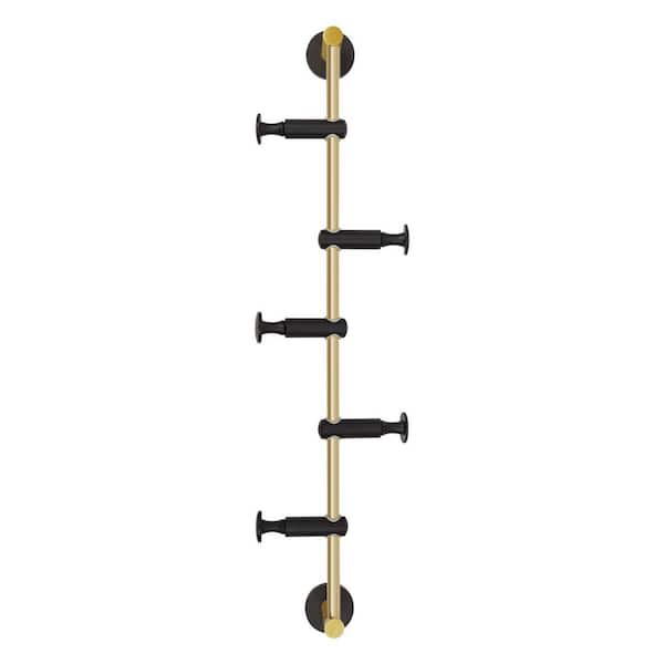 Black and Gold Metal Brass Wall Mounted Coat Rack with 5 Adjustable Hooks