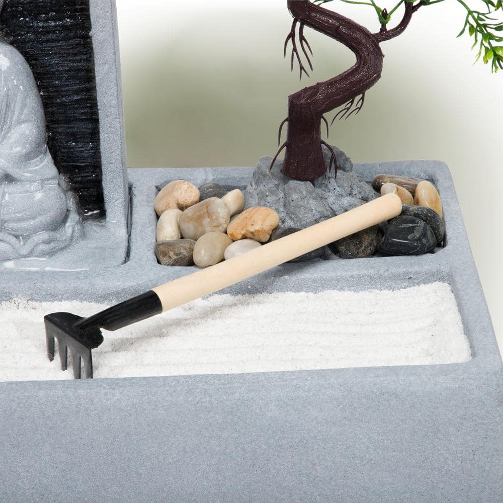 Gray Cement Buddha Bonsai Garden Tabletop Fountain with LED Light