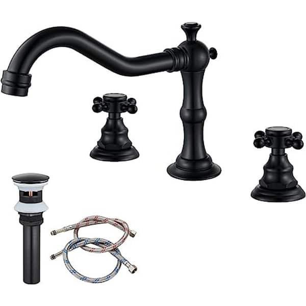 Dyiom Countertop Mount  3-Hole Double Handle Bathroom Sink Faucet, Matching Pop Up Drain Tub Accessory Set - Black