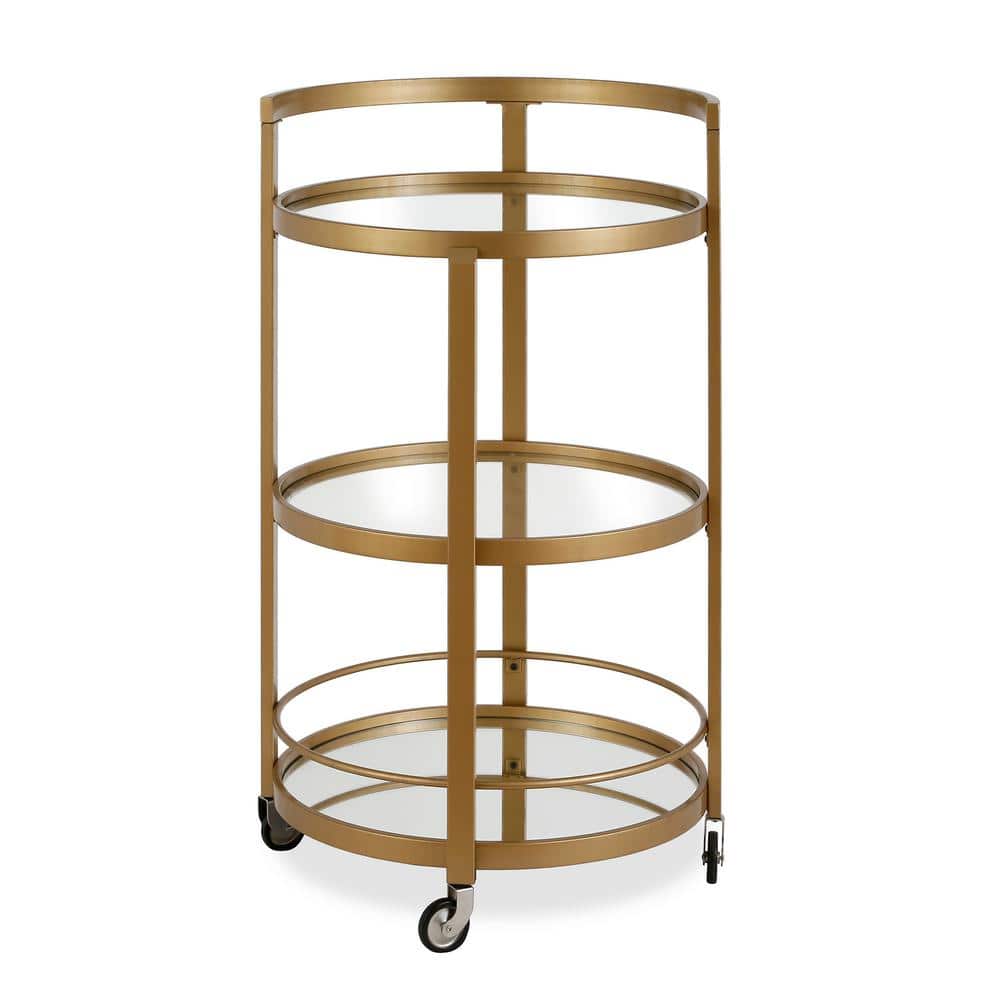 Hause 21" Round Brass and Glass Bar Cart with Storage