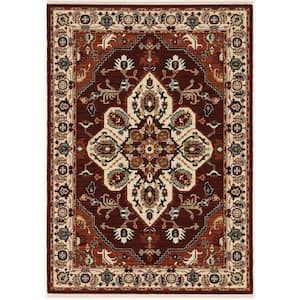 Lillian Red/Ivory 10 ft. x 13 ft. Center Oriental Medallion Wool/Nylon Blend Fringed-Edge Indoor Area Rug