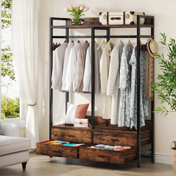 Billie Brown Wood 47.24 in. Armoire with 4 Drawers and 8 Hooks for Bedroom