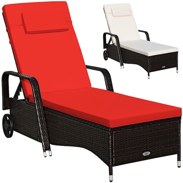 Gymax Cushioned Outdoor Wicker Lounge Chair with Wheel Adjustable Backrest Red and Off White